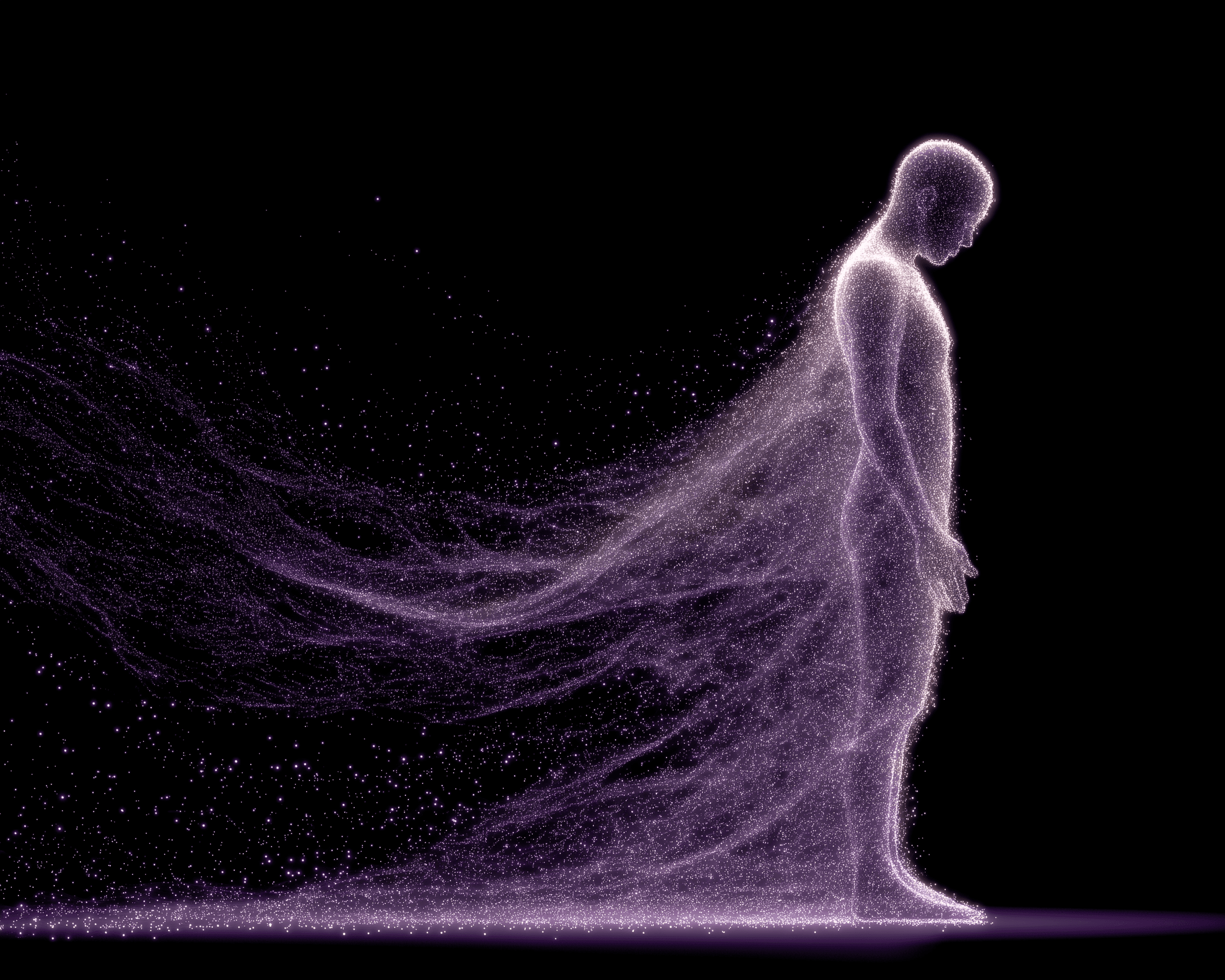 A human form made of continuous violet light, dissolving into a trail of memory